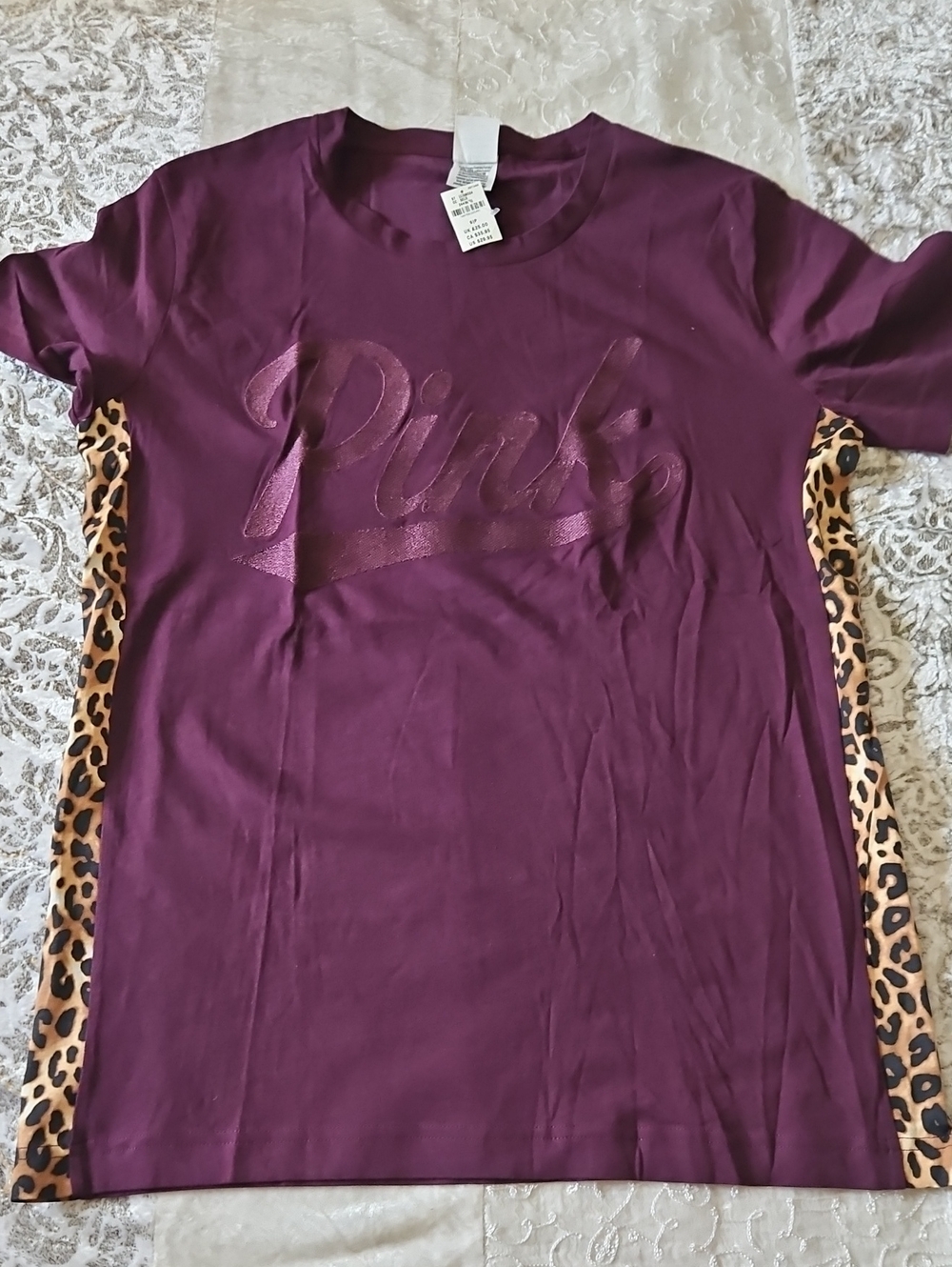 PINK Victoria's Secret Plum Short Sleeve Tee with Leopard Panels